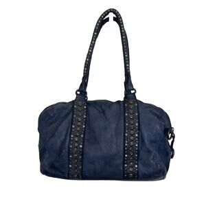 Viola Castellani Blue Leather Studded Shoulder Bag Made in Italy